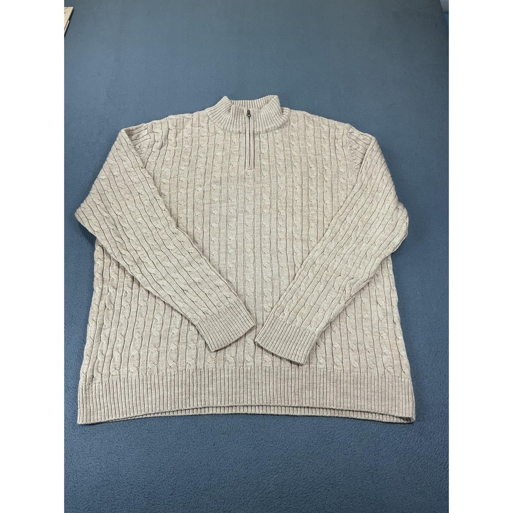Lands' End Sweater Mens XL‎ Beige Cable-Knit Mock Neck 1/4 Zip Wool Pullover